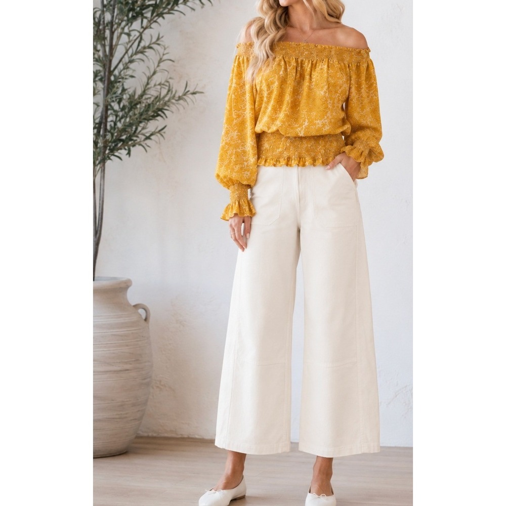 Gina Tricot Blouse Women 36 Yellow Paisley Smocked Off Shoulder Boho Top